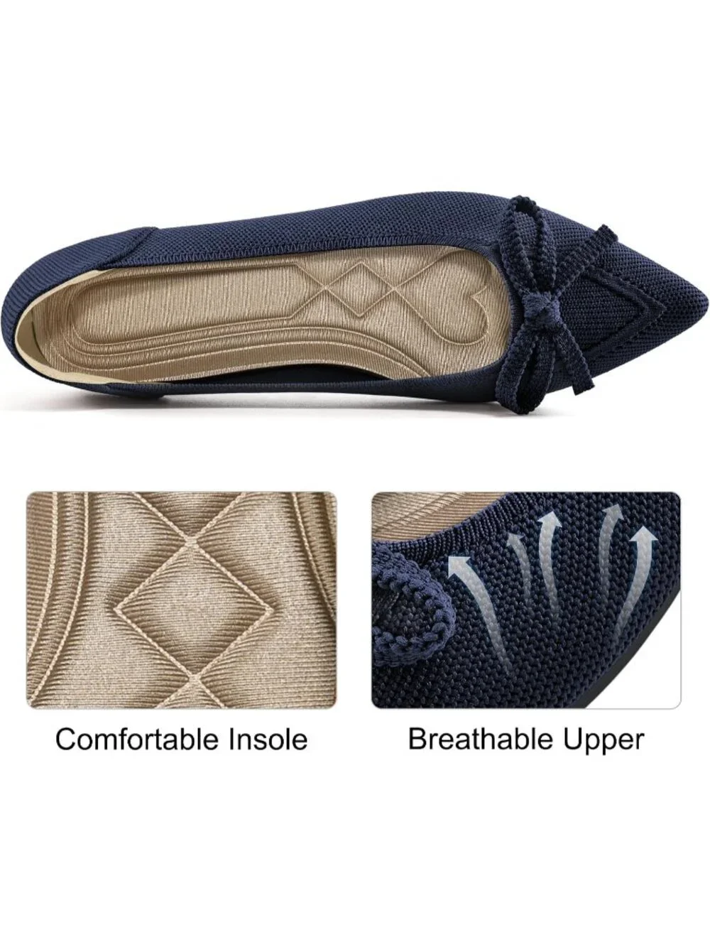 Women's Blue Ballet Flats Shoes Dressy Pointed Toe Bow Knit Flats Comfortable